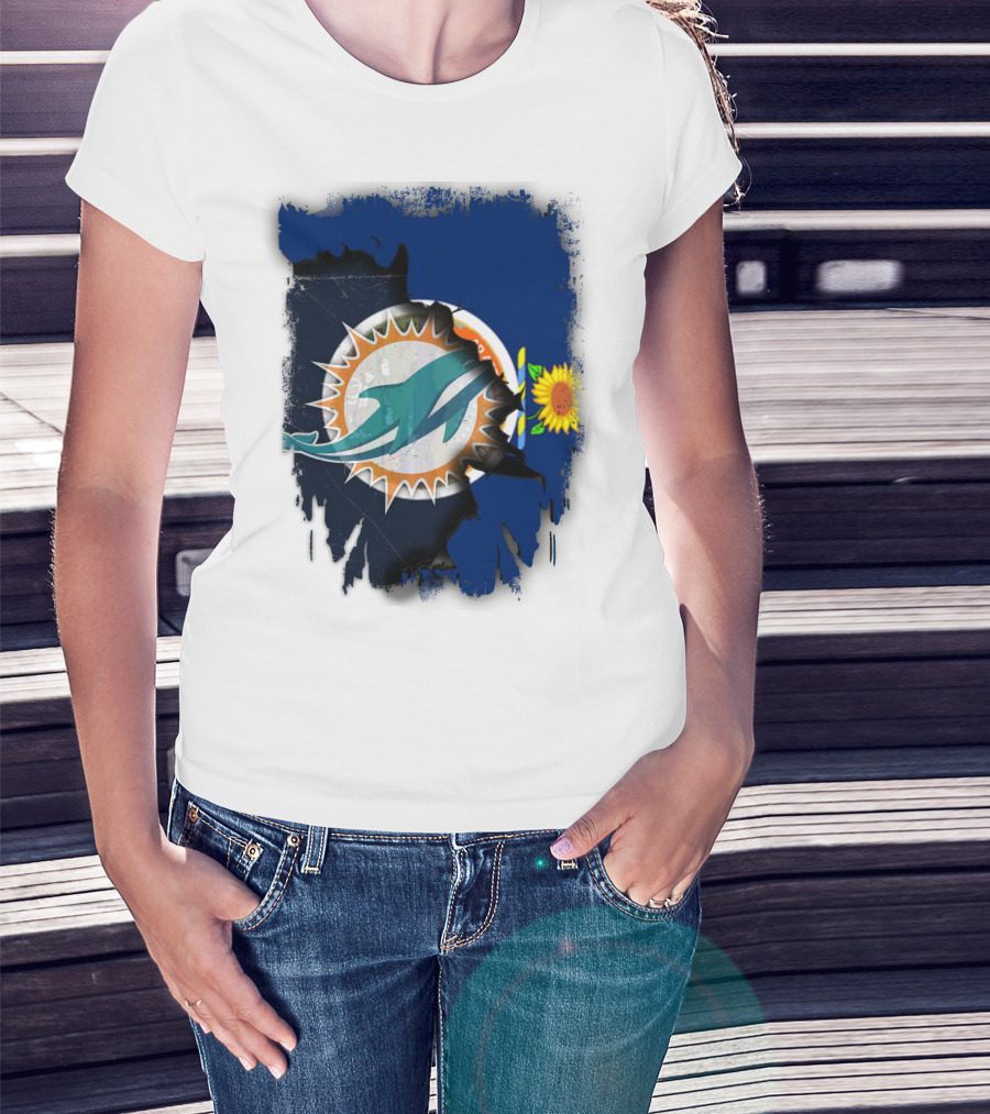 Kansas Flag With Miami Dolphins Logo And Sunflower T-Shirt