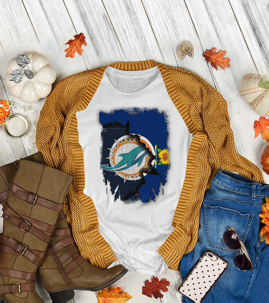 Kansas Flag with Miami Dolphins Logo and Sunflower T-Shirt