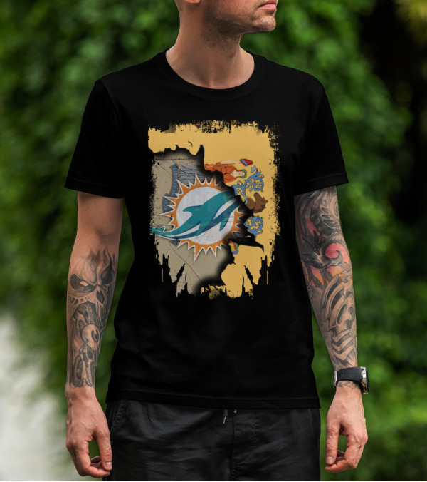 New Jersey Emblem With Miami Dolphins Logo Peeking Through T-Shirt