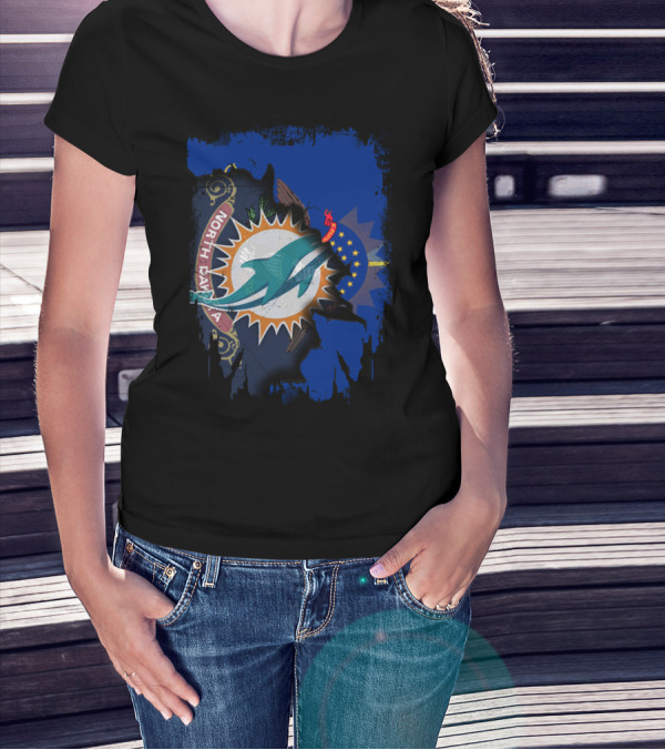 North Dakota State Flag With Dolphins NFL Logo Fusion T-Shirt
