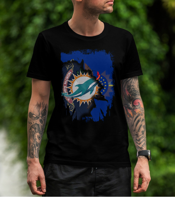 North Dakota State Flag With Dolphins NFL Logo Fusion T-Shirt