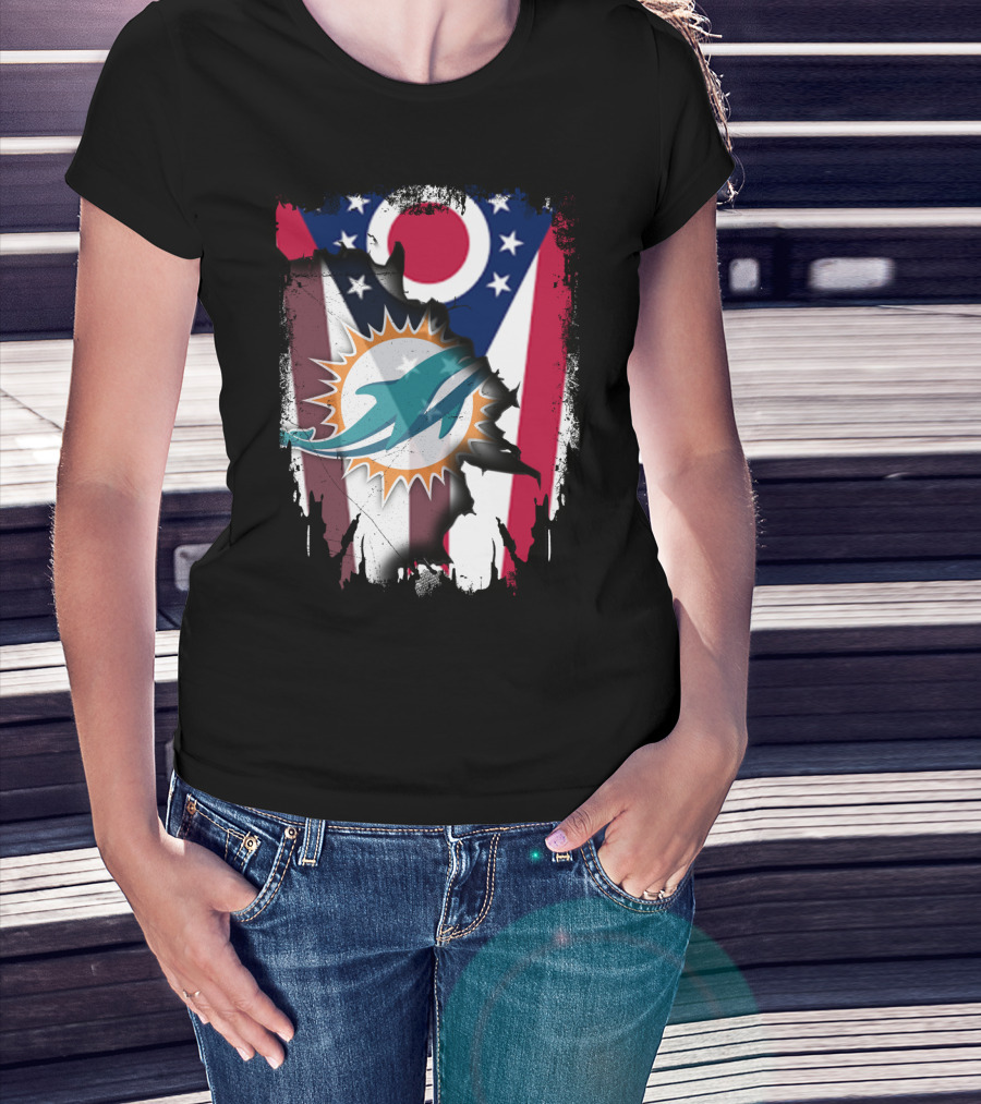 Ohio Flag Torn To Reveal Dolphins Logo Fusion T-Shirt