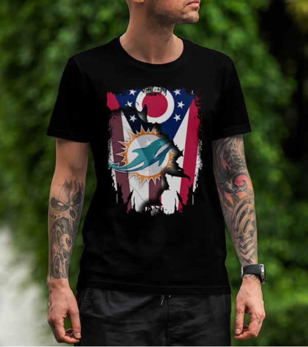 Ohio Flag Torn To Reveal Dolphins Logo Fusion T-Shirt
