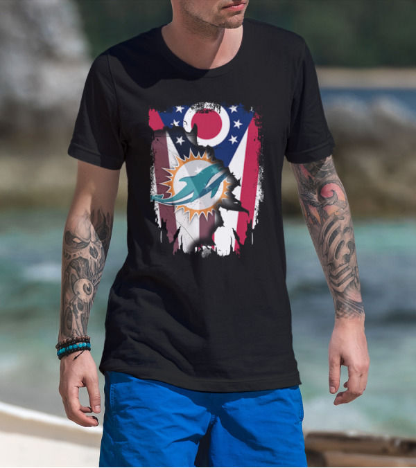 Ohio Flag Torn To Reveal Dolphins Logo Fusion T-Shirt