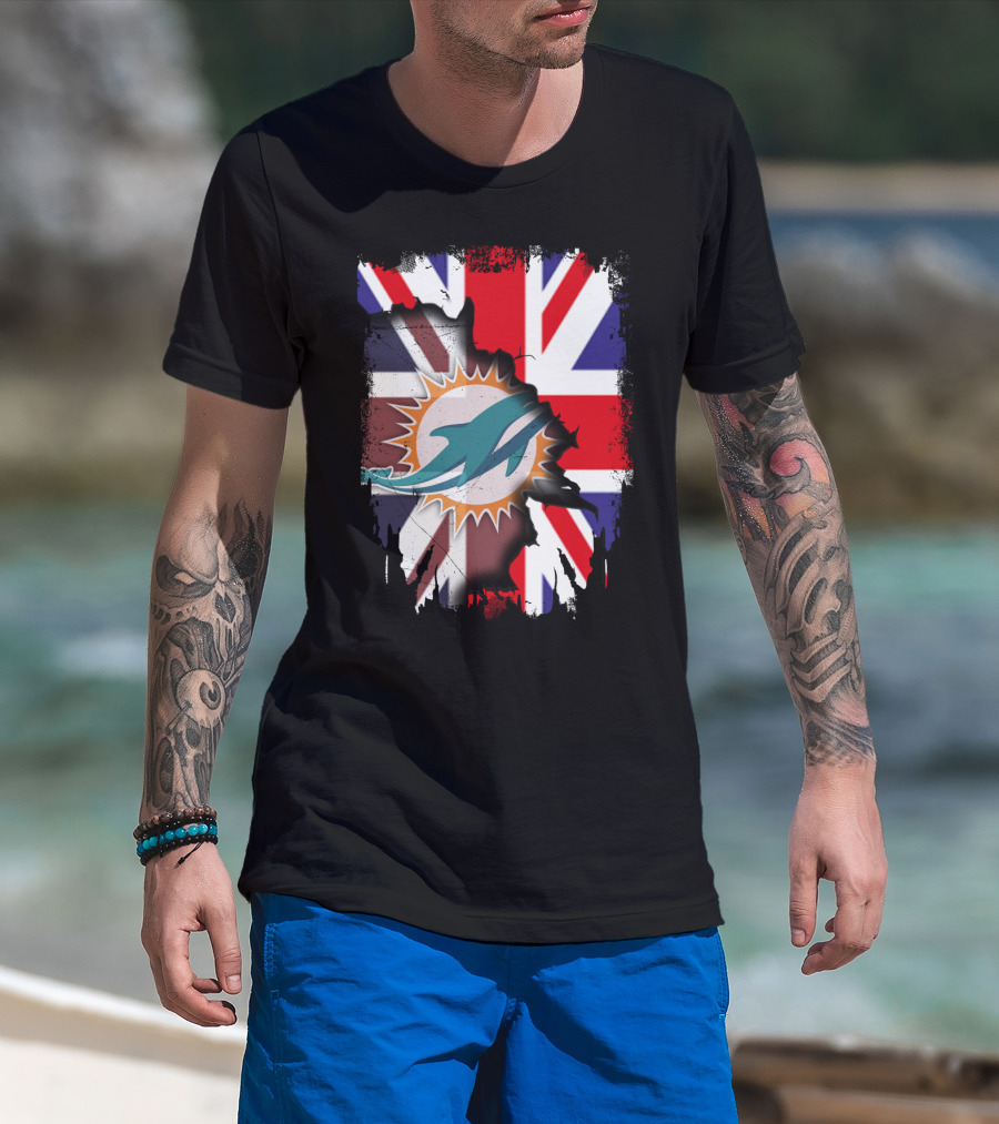 United Kingdom And Miami Dolphins Union Flag Fusion T-Shirt