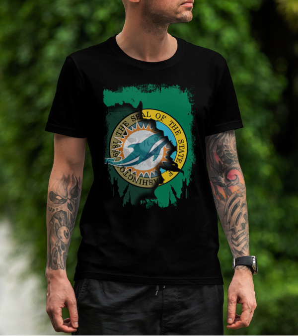 The Seal Of The State Of Washington Dolphins Logo Fusion T-Shirt
