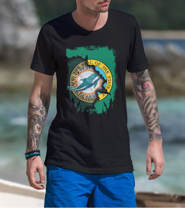 The Seal Of The State Of Washington Dolphins Logo Fusion T-Shirt