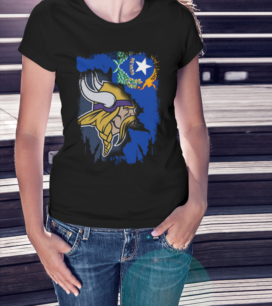 Nevada State Flag Meets Vikings Helmet Emblem T-Shirt