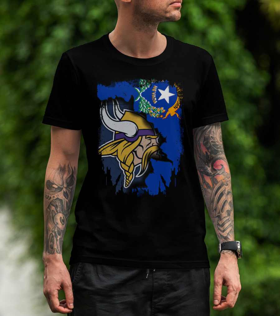 Nevada State Flag Meets Vikings Helmet Emblem T-Shirt