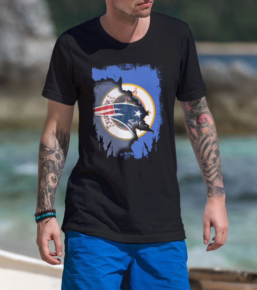 Minnesota State Flag With New England Patriots Logo Overlay T-Shirt