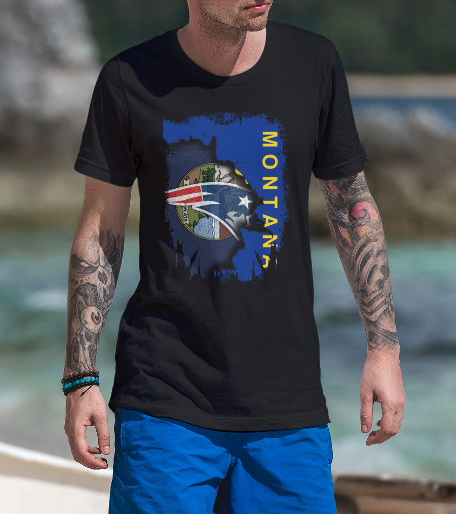 Montana State Flag With New England Patriots Logo Overlay T-Shirt