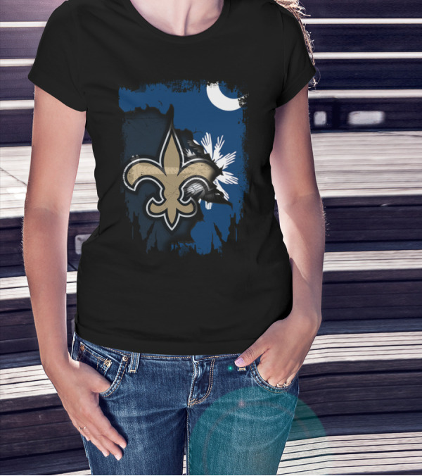 Together South Carolina With New Orleans Saints Fleur-De-Lis Moon Palmetto Tree T-Shirt