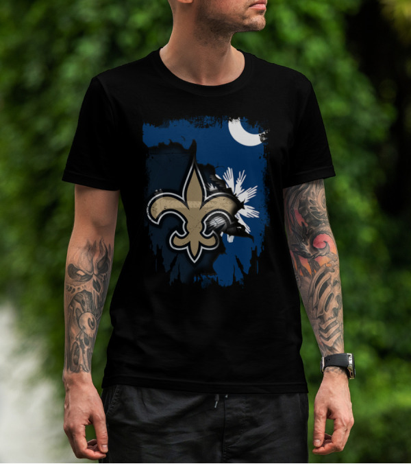 Together South Carolina With New Orleans Saints Fleur-De-Lis Moon Palmetto Tree T-Shirt