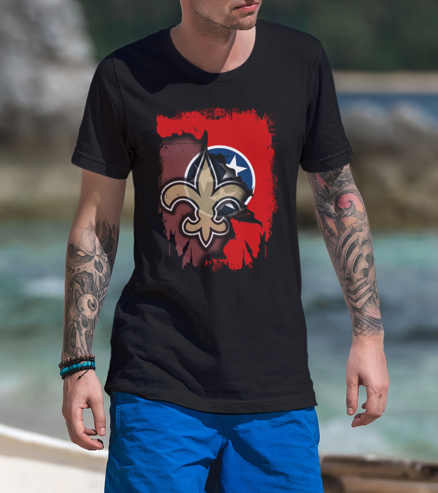 Together Tennessee Fleur-de-Lis Saints Emblem With State Flag Background T-Shirt