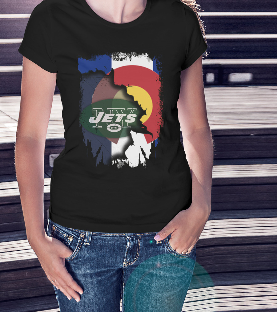 Colorado State Flag With Jets Football Logo In Torn T-Shirt