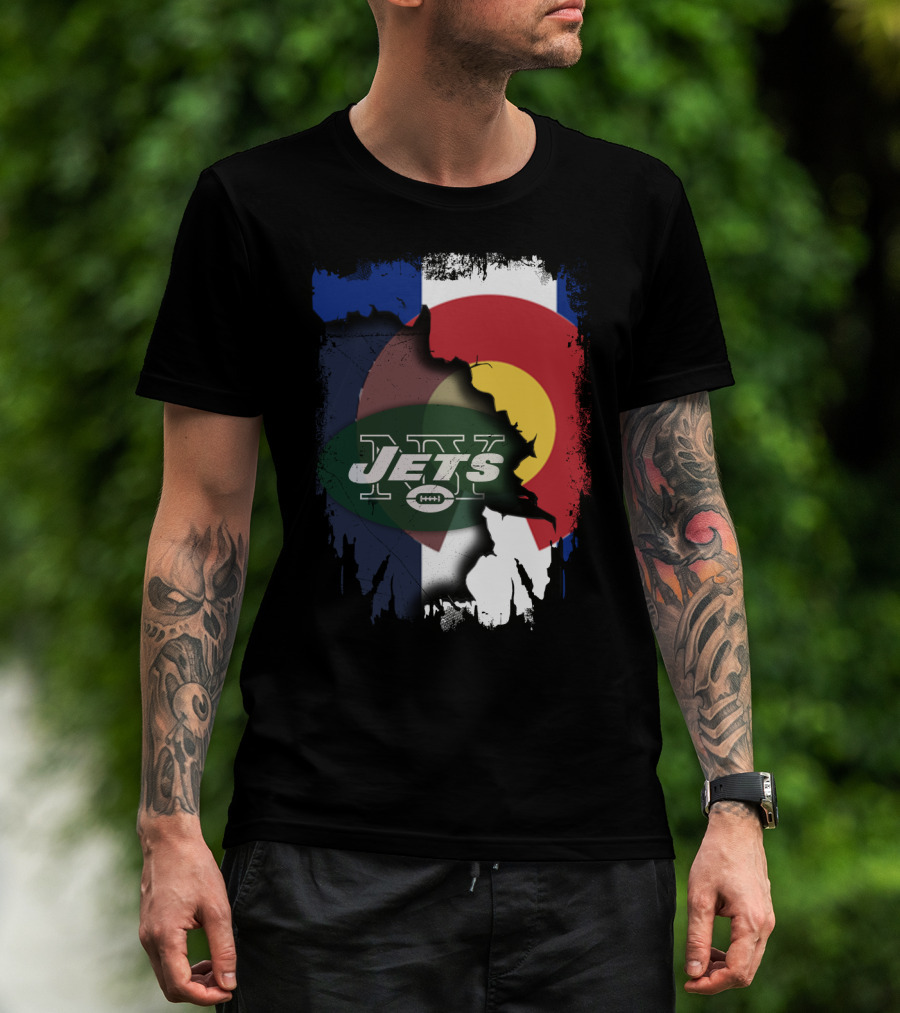 Colorado State Flag With Jets Football Logo In Torn T-Shirt