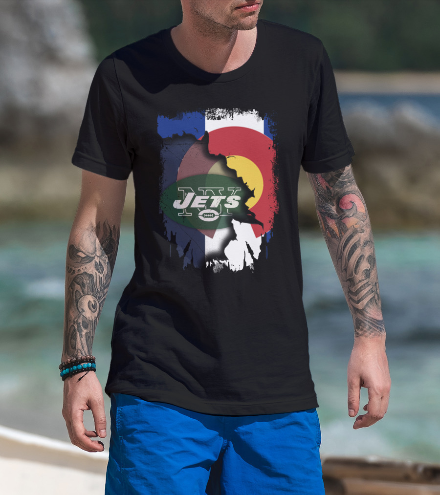 Colorado State Flag With Jets Football Logo In Torn T-Shirt