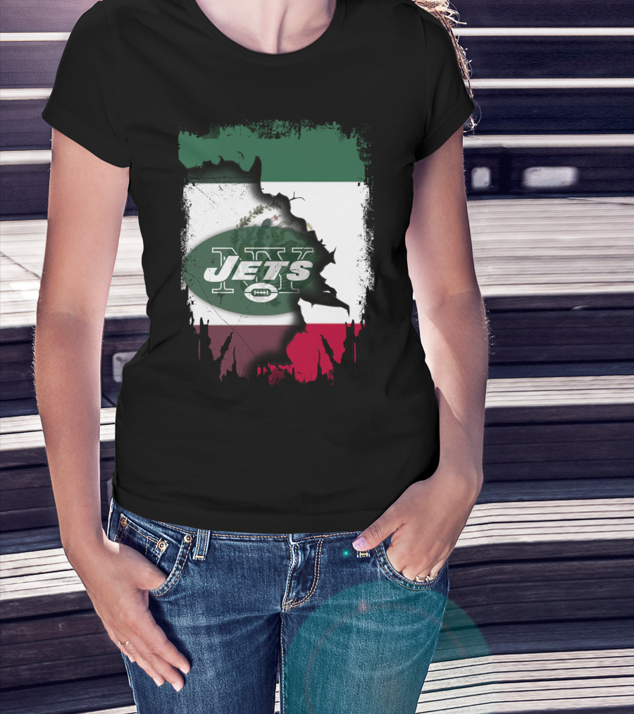 Mexico Flag Background With NY Jets Logo And Aztec Eagle T-Shirt
