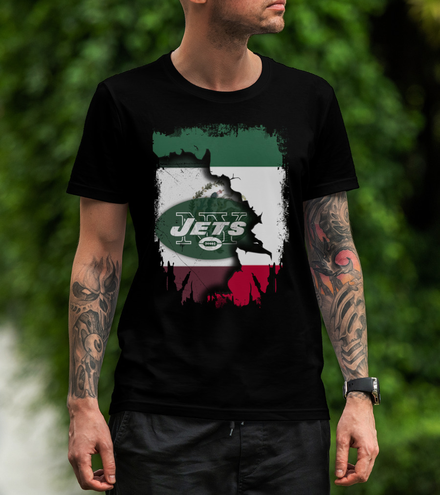 Mexico Flag Background With NY Jets Logo And Aztec Eagle T-Shirt