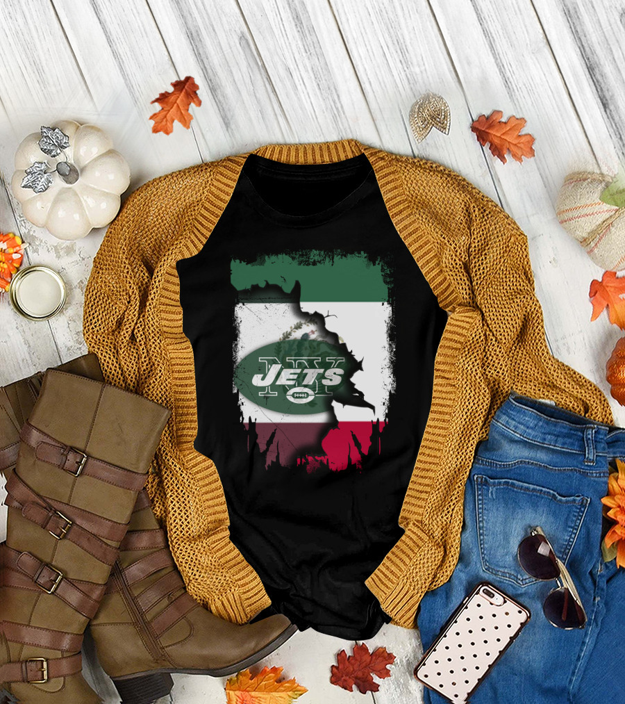 Mexico Flag Background with NY Jets Logo and Aztec Eagle T-Shirt