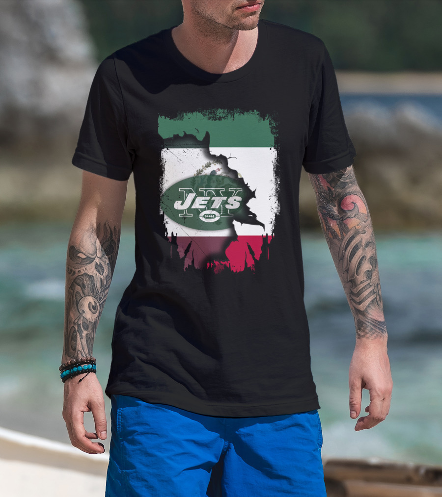 Mexico Flag Background With NY Jets Logo And Aztec Eagle T-Shirt