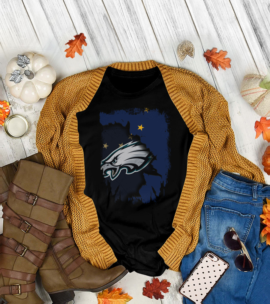 Alaska State Outline with Philadelphia Eagles Logo and Stars T-Shirt