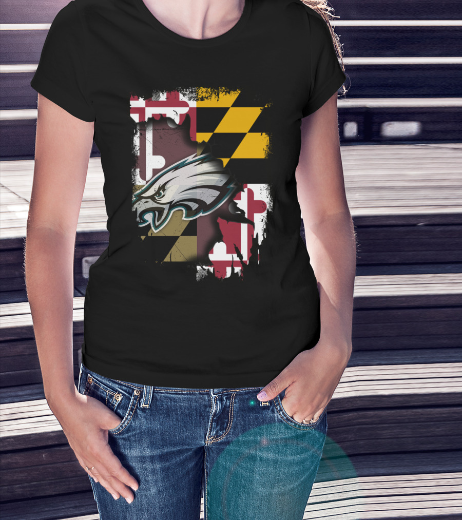 Maryland Pride Together With Eagles Logo Over State Flag T-Shirt