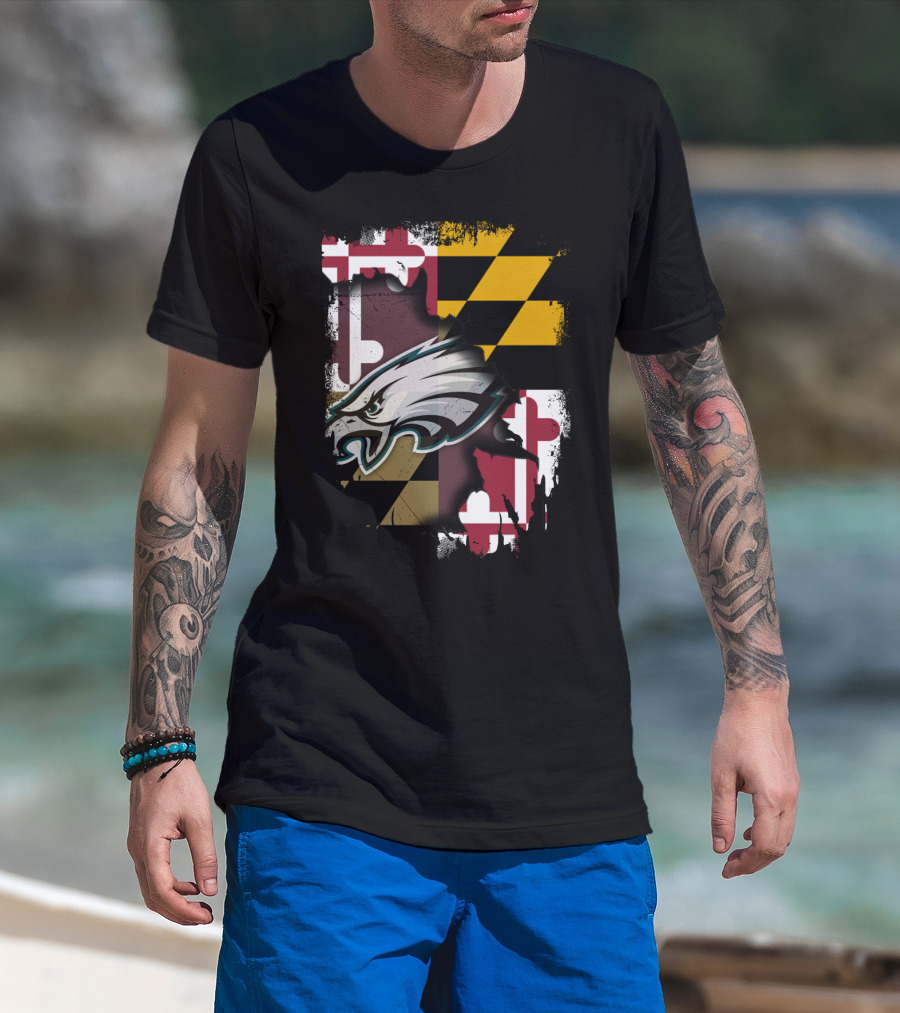 Maryland Pride Together With Eagles Logo Over State Flag T-Shirt