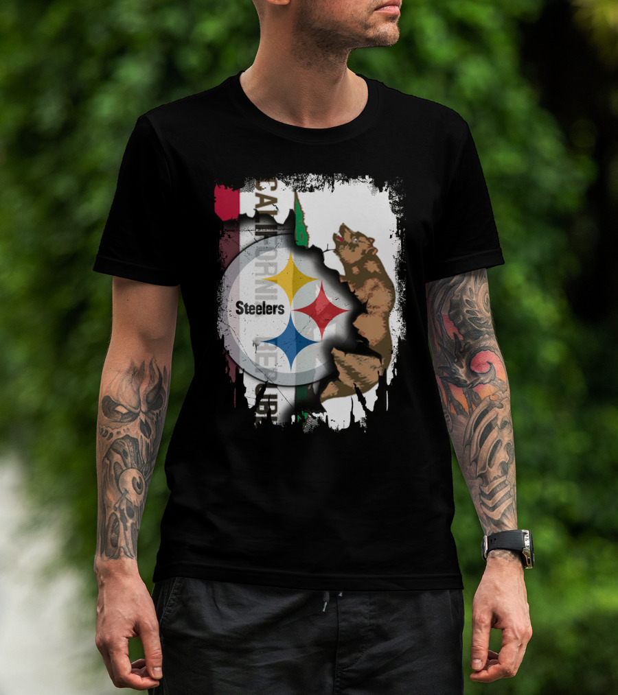 California Bear With Steelers Logo Fusion T-Shirt