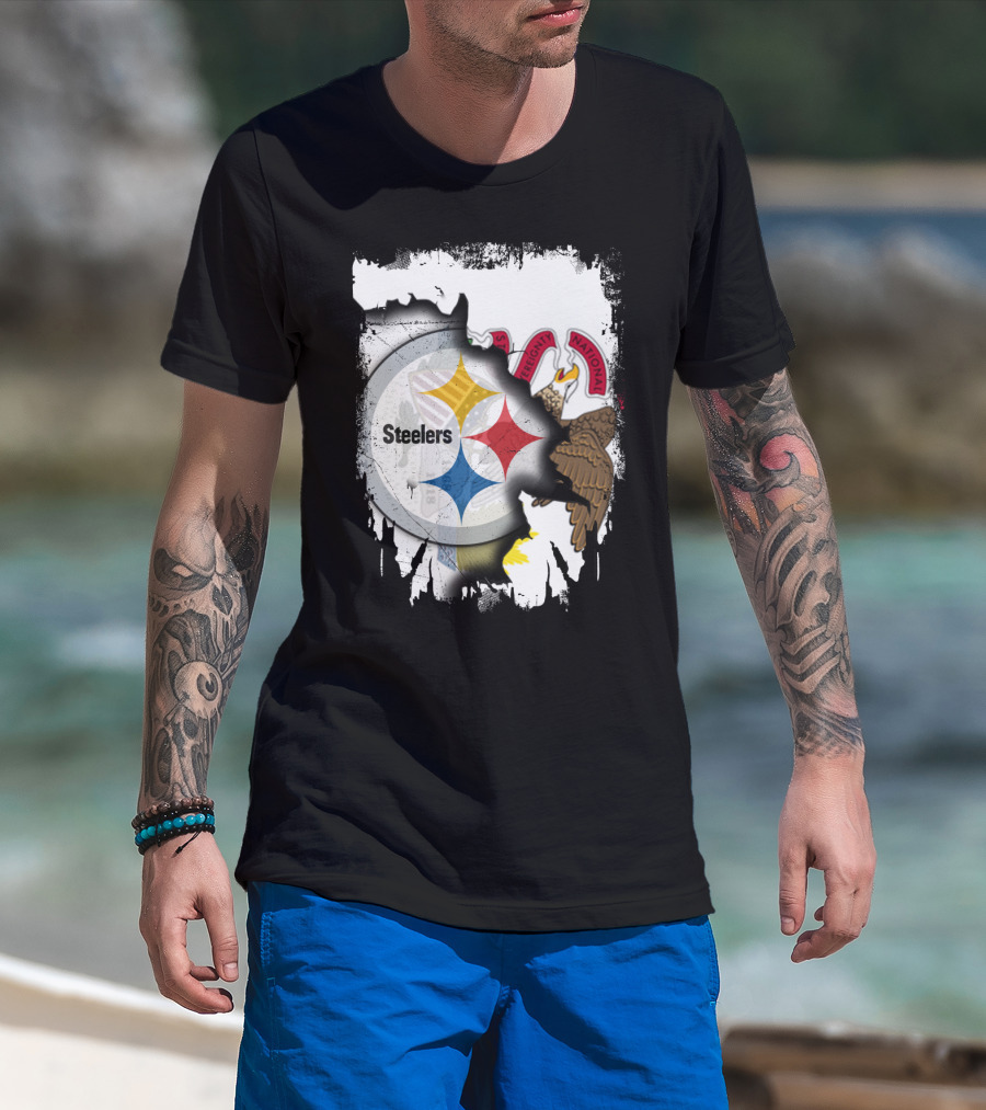 Illinois And Steelers Unity Emblem With State Symbols And NFL T-Shirt