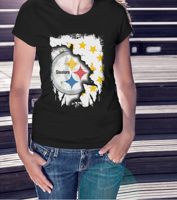 Steelers Logo With Rhode Island Stars And Torn Effect T-Shirt