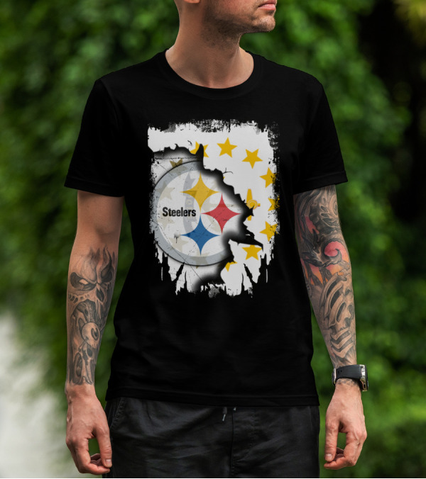 Steelers Logo With Rhode Island Stars And Torn Effect T-Shirt