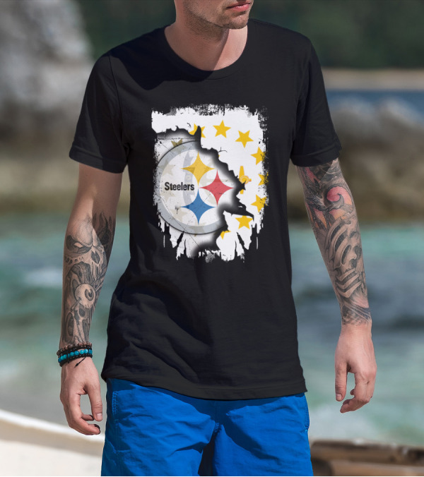 Steelers Logo With Rhode Island Stars And Torn Effect T-Shirt