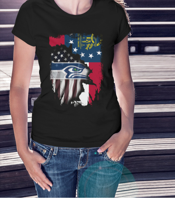 Georgia State Flag With Seahawks Logo And American Flag Elements T-Shirt