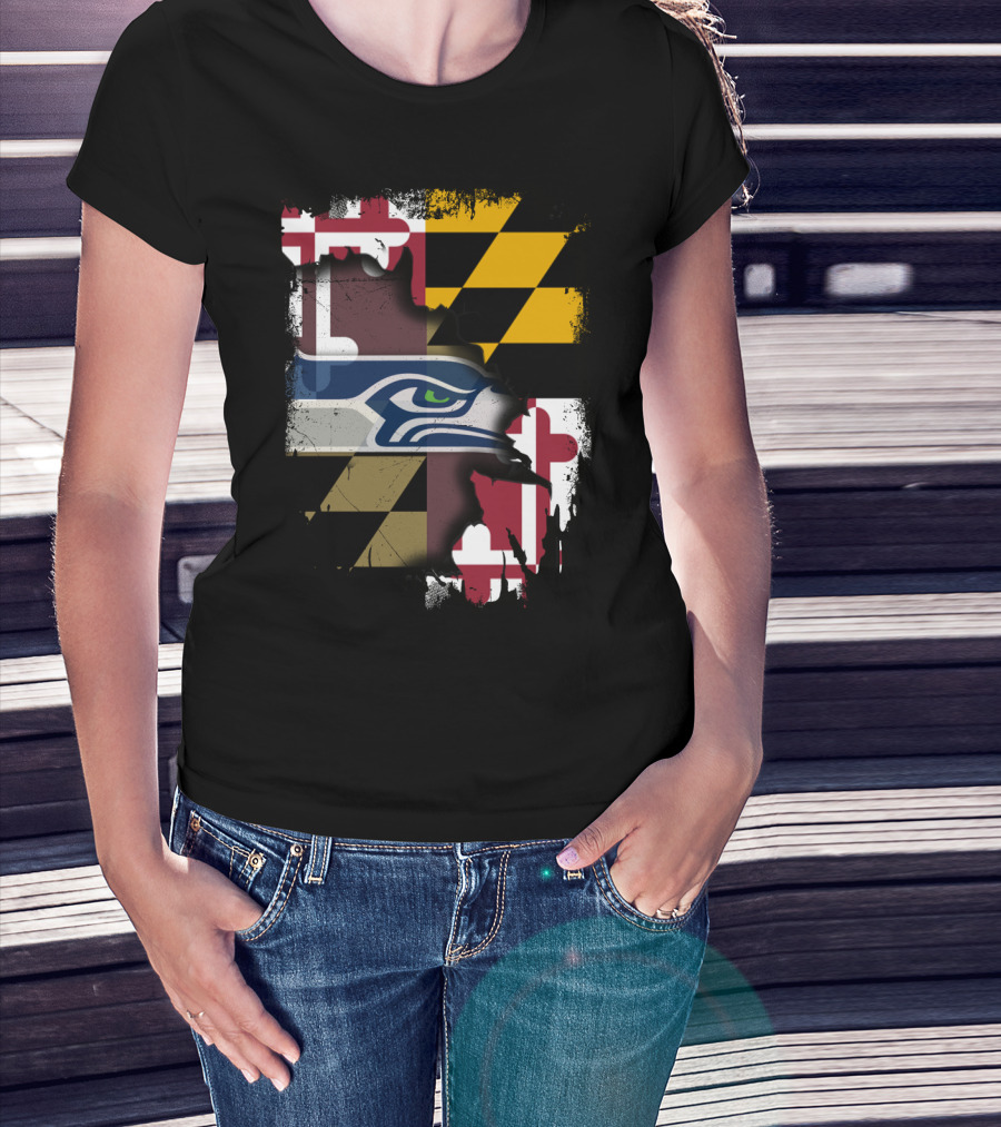 Maryland Flag And Seahawks Logo Blend T-Shirt