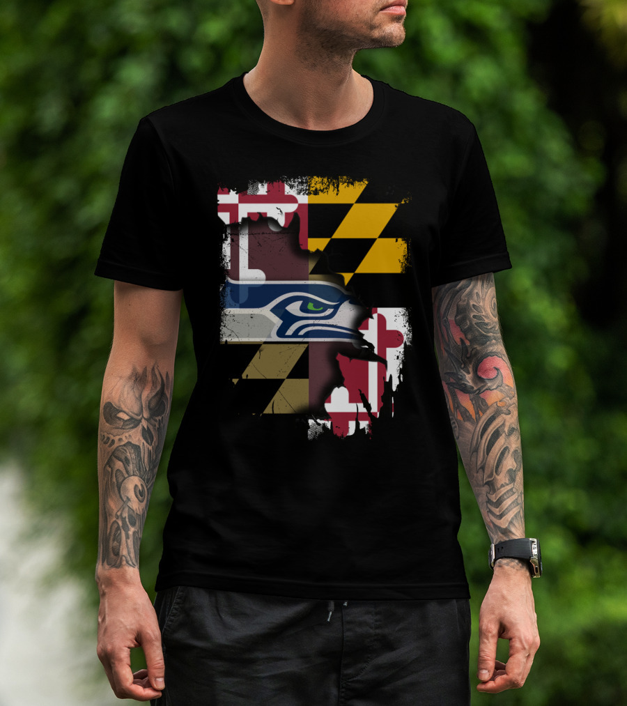 Maryland Flag And Seahawks Logo Blend T-Shirt