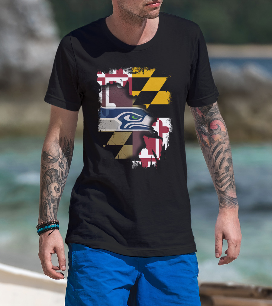 Maryland Flag And Seahawks Logo Blend T-Shirt
