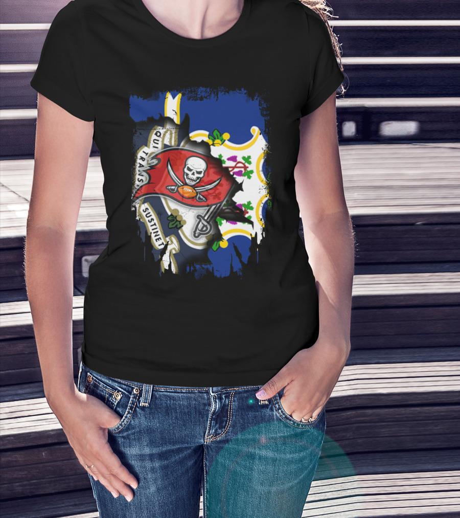 Connecticut Flag With Buccaneers Pirate Logo And State T-Shirt