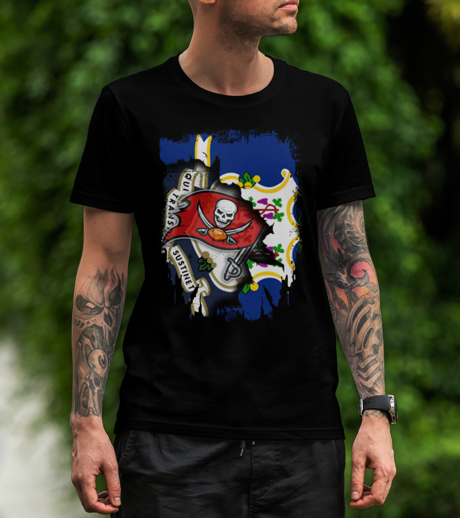 Connecticut Flag With Buccaneers Pirate Logo And State T-Shirt