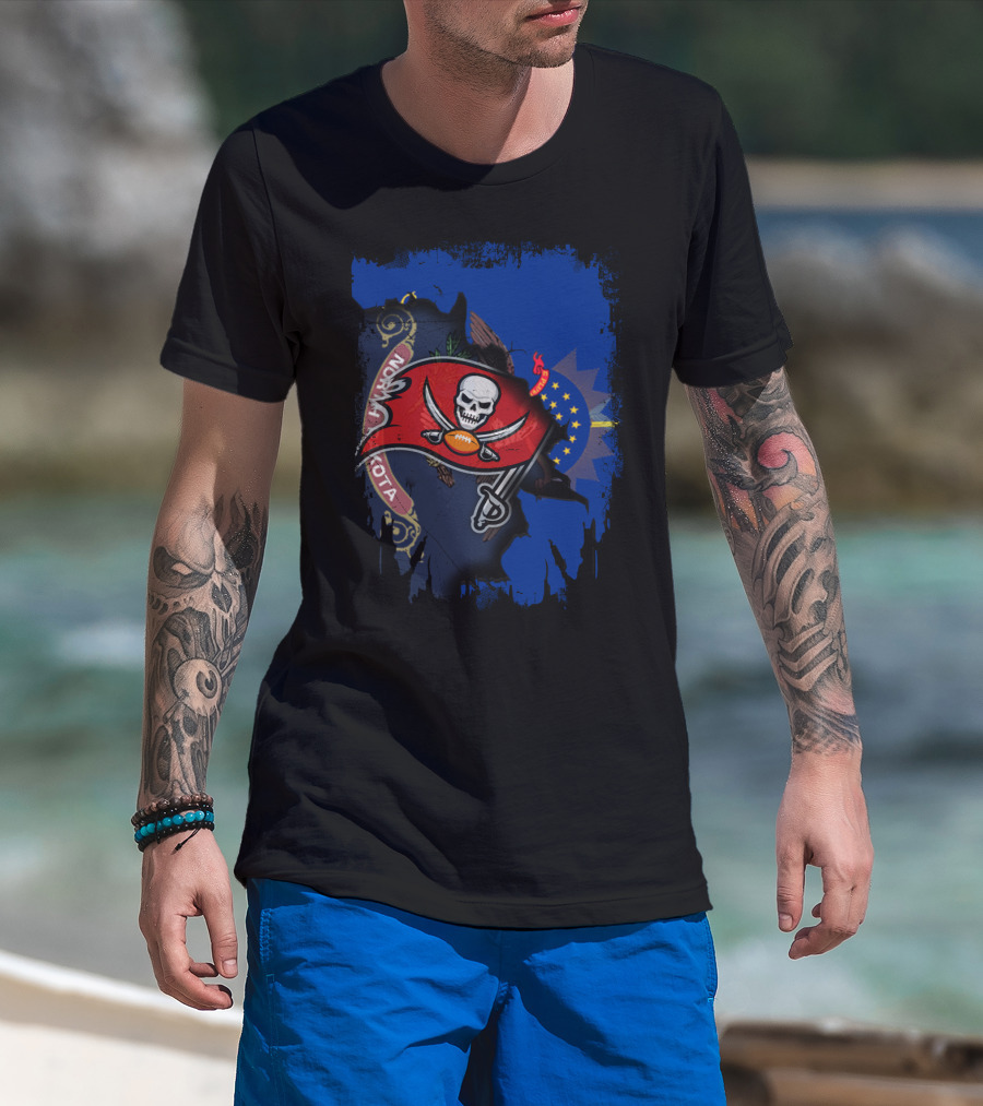 North Dakota Flag With Buccaneers Skull Logo And Football T-Shirt