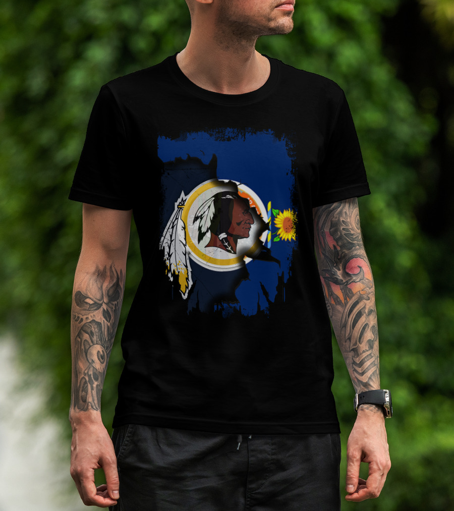 Kansas Map With Redskins Logo And Sunflower Symbol T-Shirt