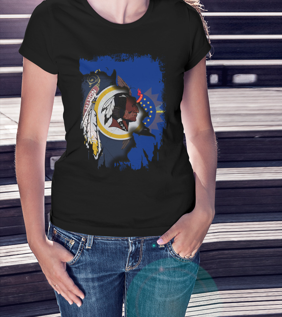 North Dakota Pride With Redskins Symbol On Blue T-Shirt