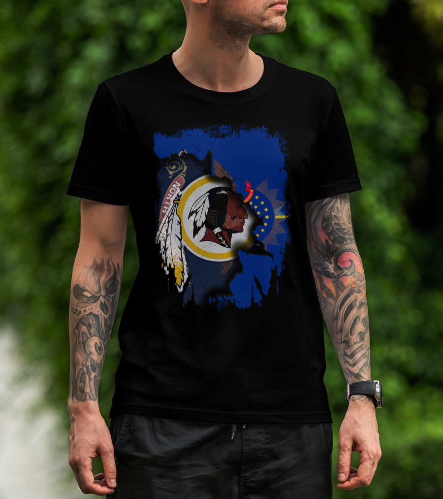 North Dakota Pride With Redskins Symbol On Blue T-Shirt