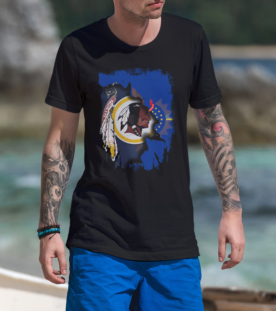 North Dakota Pride With Redskins Symbol On Blue T-Shirt