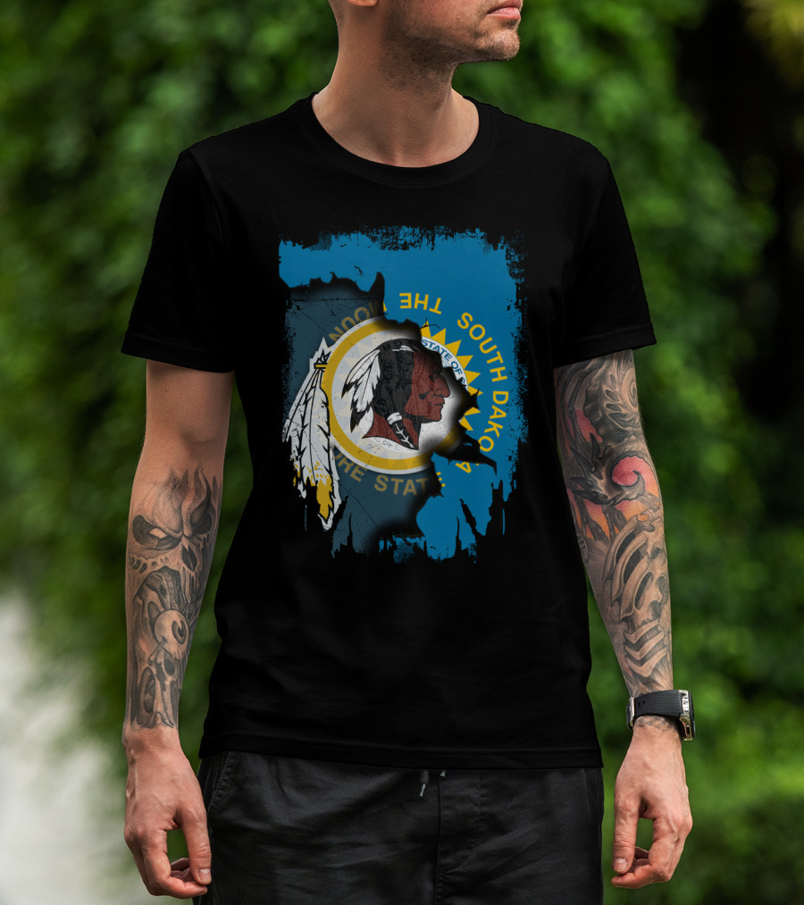South Dakota State Flag Blended With Redskins T-Shirt