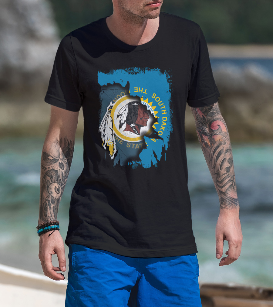 South Dakota State Flag Blended With Redskins T-Shirt