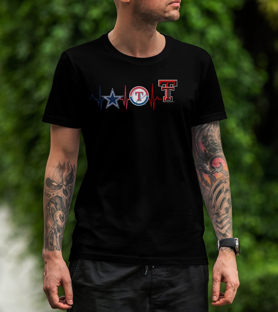 Cowboys Star Rangers Baseball With Texas Tech University Trr Heartbeat Line T-Shirt