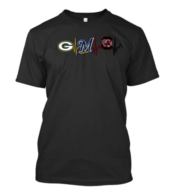 Green Bay Packers Milwaukee Brewers South Carolina Gamecocks Heartbeat T-Shirt