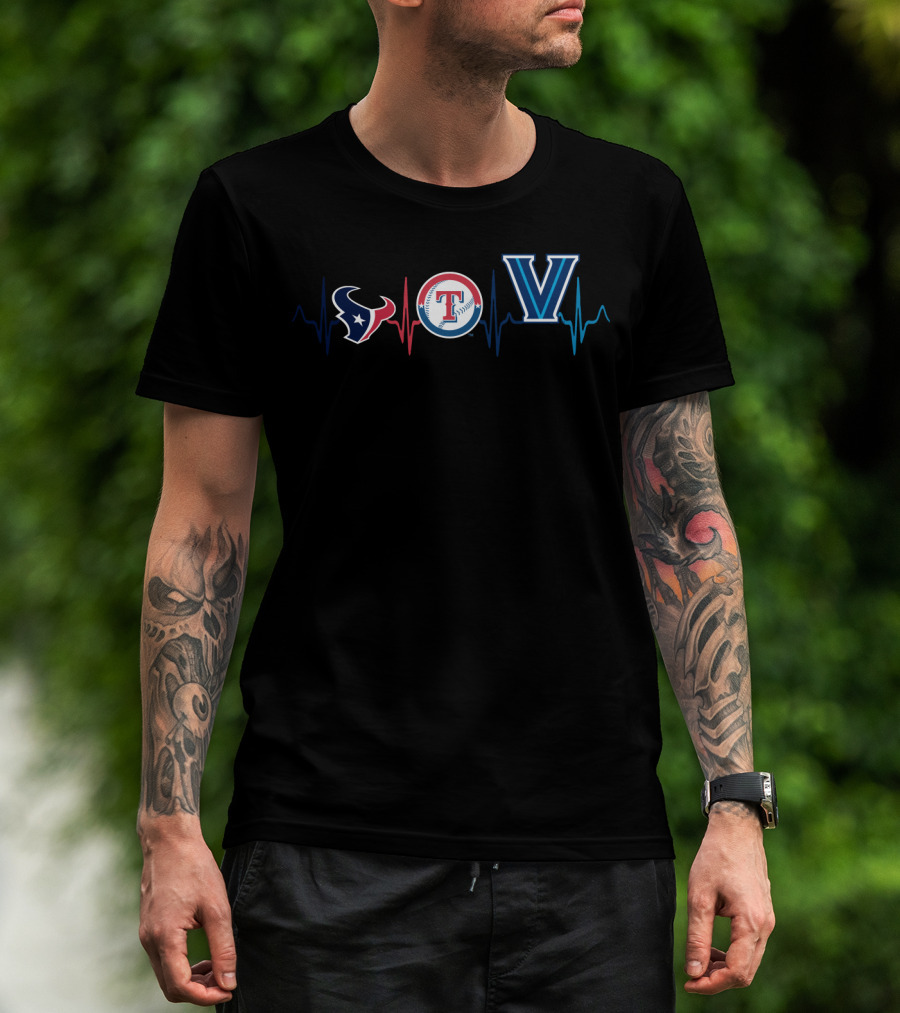 Houston Texans Texas Rangers Villanova Wildcats Heartbeat T-Shirt