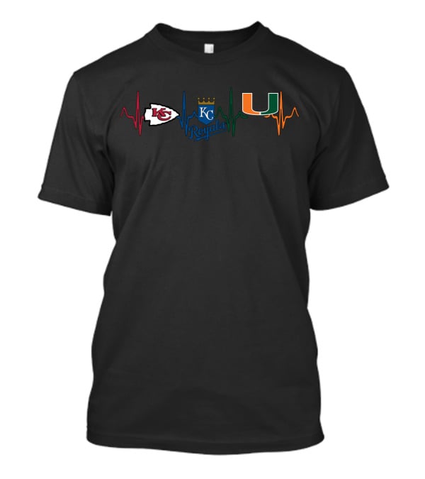Kansas City Chiefs Kc Royals Heartbeat With Miami Hurricanes T-Shirt